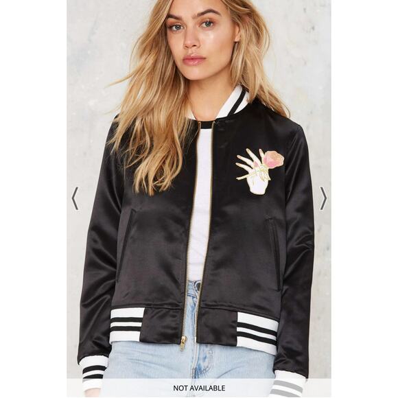 Big Bud Press Stem to Stem Embroidered Roses Poly Satin Black Bomber Jacket M - Picture 2 of 13